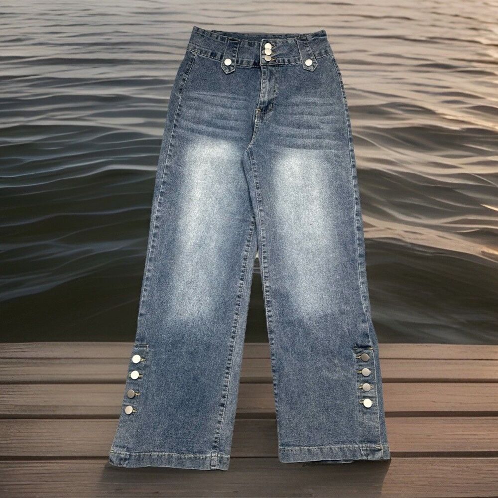 Unbranded Wide Leg Ankle Jeans S (25x26) Blue High Waisted Stretch Denim Womens